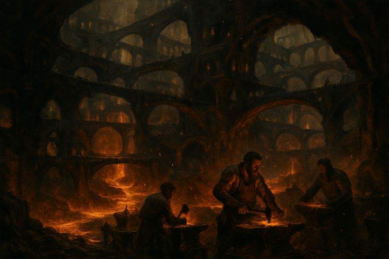 Emberhold — a forge-city lit from below by rivers of slow magma