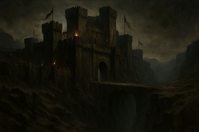 Graven Bastion — a black fortress-city straddling the only pass into the deep