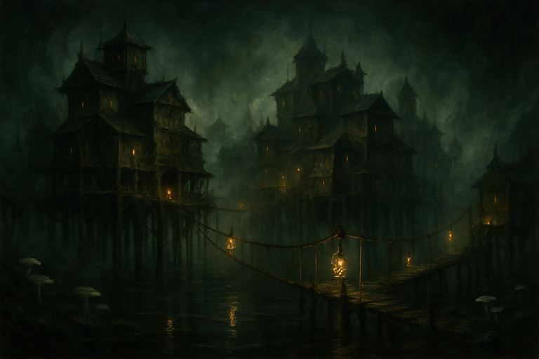 Mistfen — a pale city on stilts above an underground marsh, glowing softly through the mist