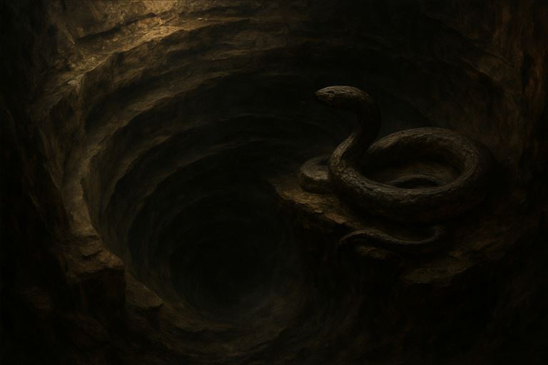 The Serpent's Throat — a vertical chasm spiralling down into darkness, ringed by slick stone ledges