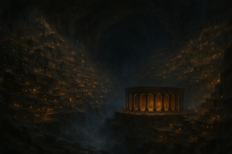 Stonereach — a terraced city carved into a colossal cavern, ten thousand oil-lamps glowing against cold rock
