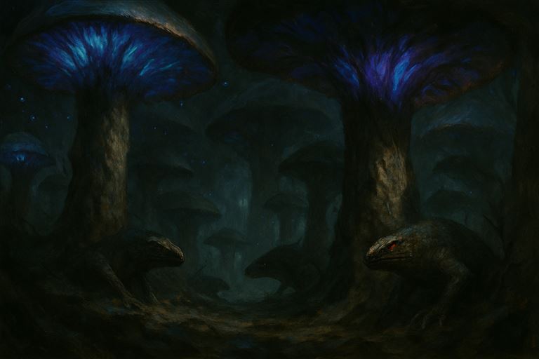 The Spore Jungle — towering fungal trees glowing blue and violet