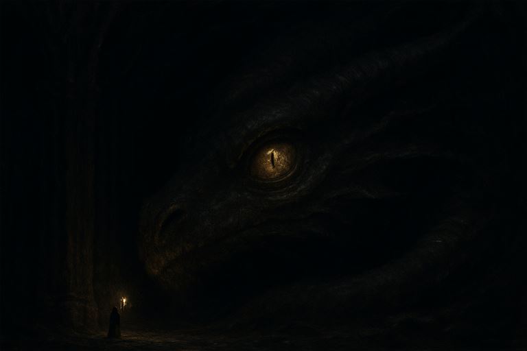 The Undermaw — a cathedral-vast lightless void where a colossal dragon-serpent sleeps half-seen