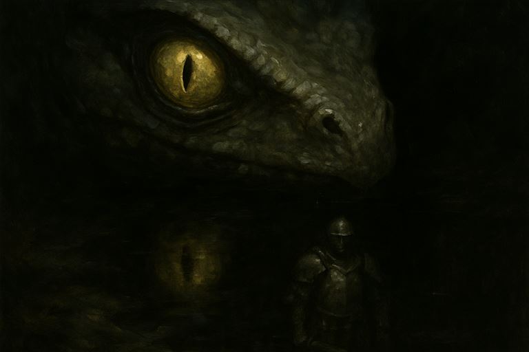 On the Basilisk Gaze — a pale basilisk's flat yellow eye, a frozen gladiator reflected dimly in still water