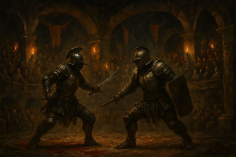The Blood-Debt — a roaring underground arena, two gladiators on bloodstained sand under torchlight