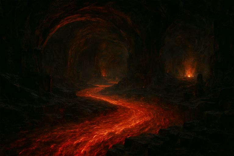 The Deep Fire — a slow river of magma threading a basalt gallery, smiths silhouetted against the glow