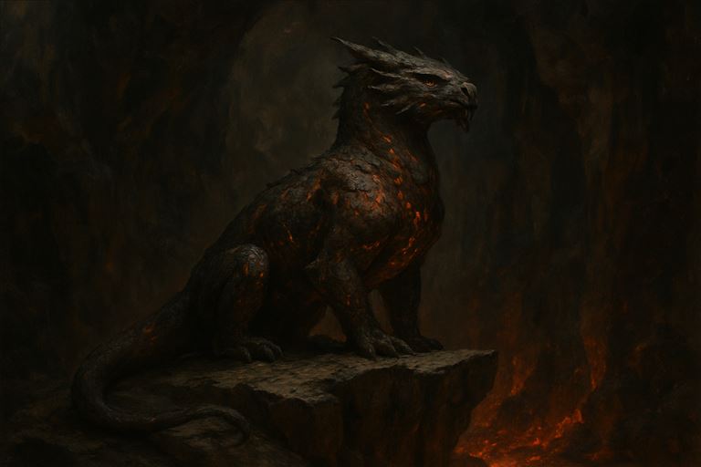 The Drake-Lords of the Deep — a wingless drake enthroned on a hoard-ledge, ember-lines glowing through its hide