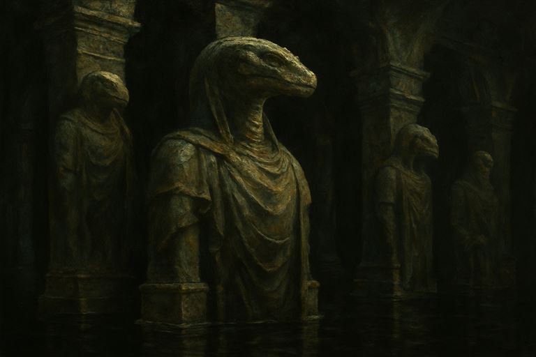 The Elder Kin — carved serpent-faced reliefs of a lost reptilian civilization, half-drowned in still black water