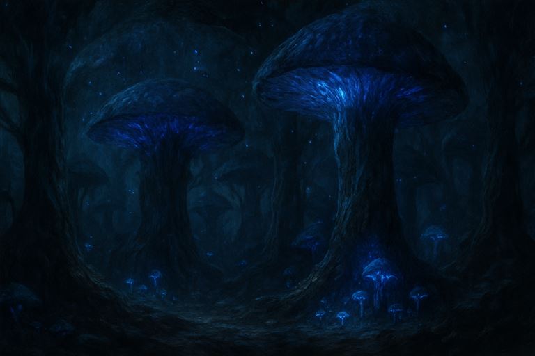 The Glow and the Spore — luminous fungus and drifting spores lighting a wet cavern in cold blue