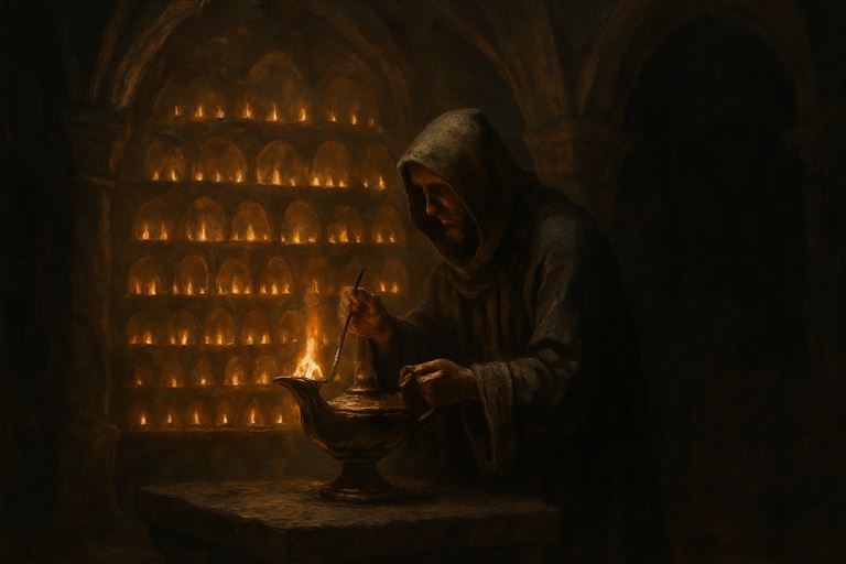 The Lamp-Faith — a robed lamp-wright tending a great brass oil-lamp before hundreds of small flames