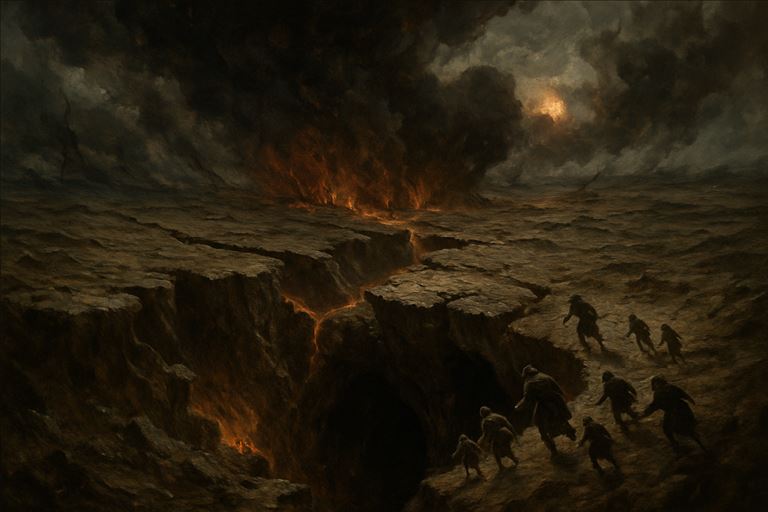 The Sundering — the world cracking from below, the sky choking with ash as survivors flee into the caves