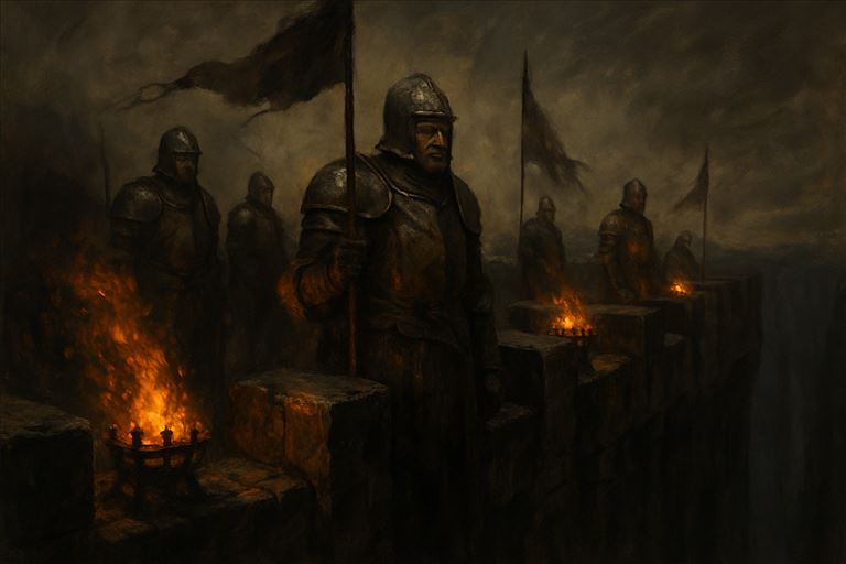 The Watch of Graven Bastion — armoured sentries on a scarred black wall above a descending pass