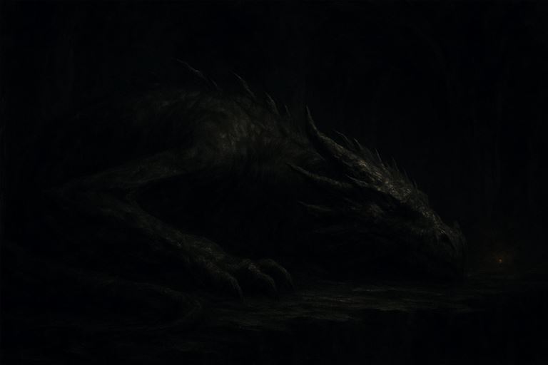 What Sleeps Below — a mountain-vast dragon asleep in a lightless void, one far ember of light at its threshold