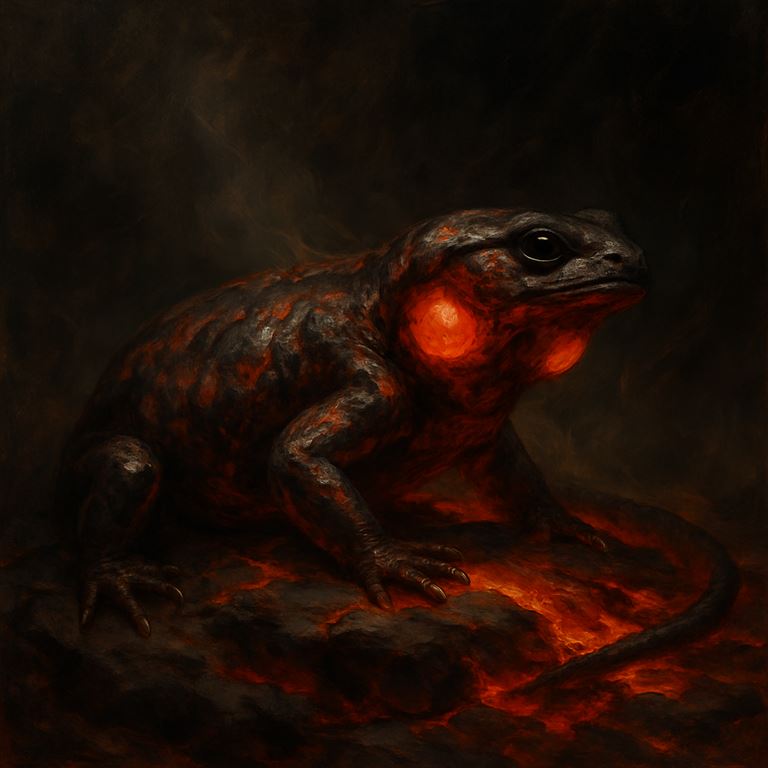 Ash Salamander — a soot-black amphibian with glowing ember markings, spitting burning resin