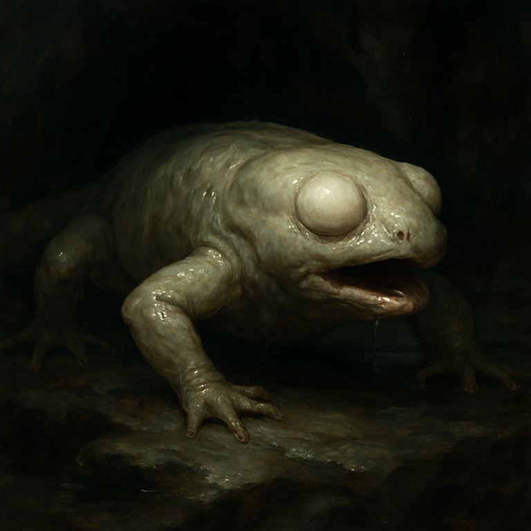 Blind Newt — an eyeless pale amphibian pressed low to the cave floor, listening through the stone