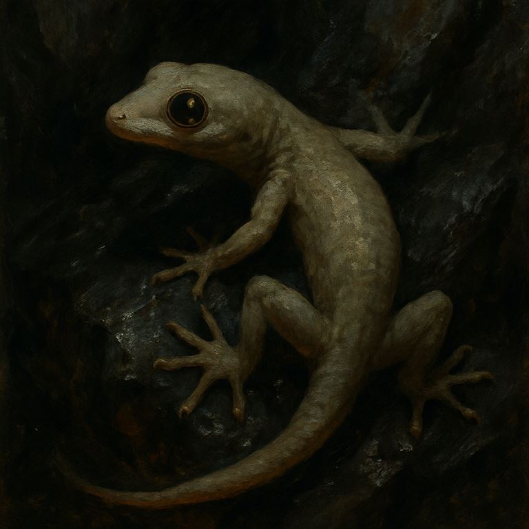 Cave Gecko — a pale grey hand-length lizard clinging to wet rock, eyes catching torchlight