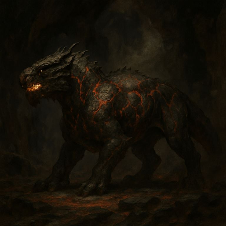 Cinder Drake — a wingless dragon-kin the size of a warhorse, hide cracked with glowing ember-lines