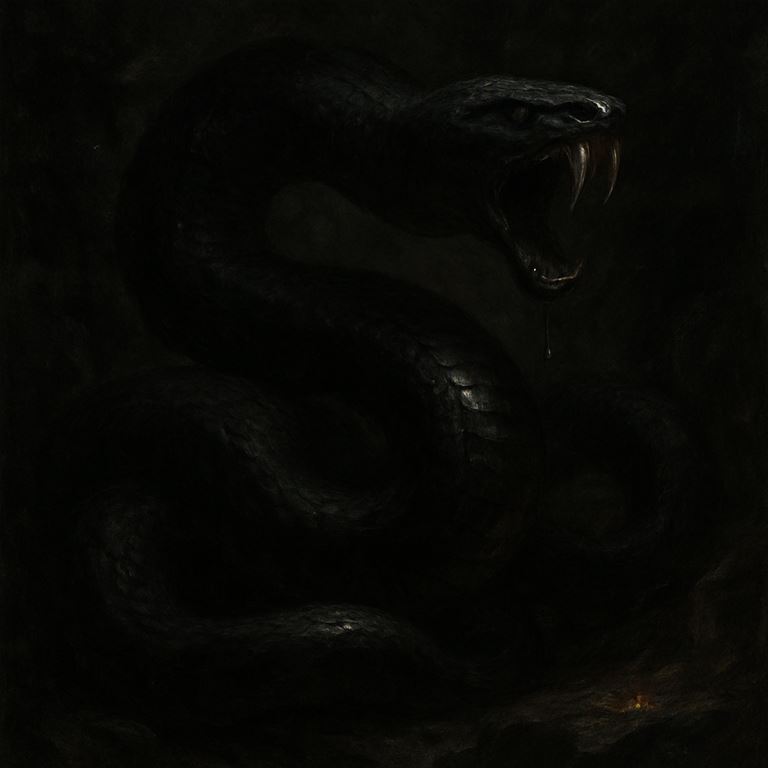 Coil Stalker — a massive black serpent-kin folded into deep rock, striking from the dark with crushing coils