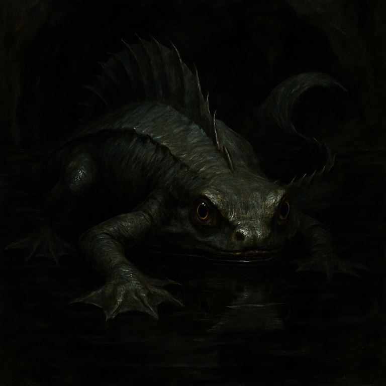 Drowned Skink — a sleek aquatic lizard breaking black water with jaws open