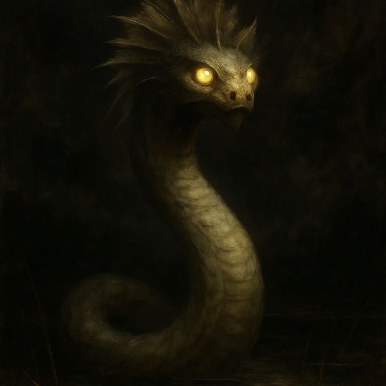 Fen Basilisk — a long pale serpent with a frilled crest and flat luminous yellow eyes, rearing from black marsh water