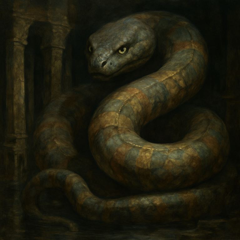 Gallery Serpent — a great patterned serpent coiled among drowned carved pillars