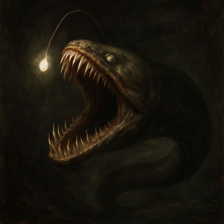 Gulper — a vast-jawed eel-like horror unhinging its mouth in dark water