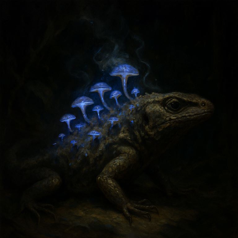 Myconid Skink — a small lizard crusted with glowing blue fungus