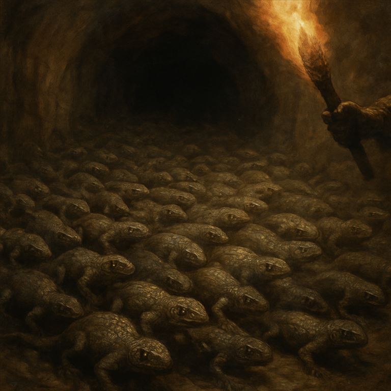 Scale-Rat Swarm — a boiling tide of scaled rat-sized reptiles pouring across a tunnel floor