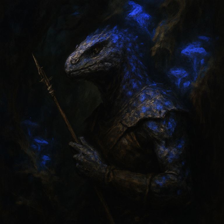 Spore Stalker — a camouflaged lizardfolk hunter half-melted into glowing fungus