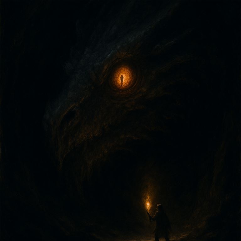 The Elder Wyrm — a mountain-vast primordial dragon half-roused from sleep, a single titanic eye opening in absolute dark before a tiny torchlit figure