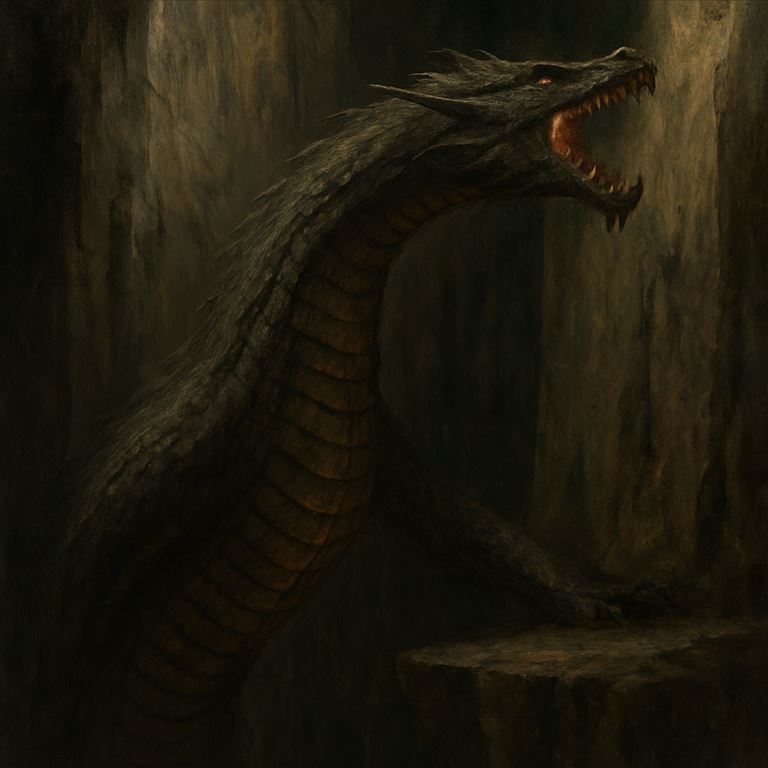 Throat Wyrm — a vast limbless dragon-wyrm clinging to a sheer chasm wall, jaws open above a ledge
