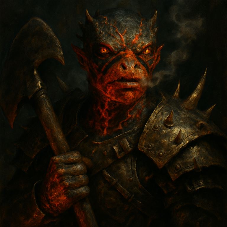 Preview portrait: an Emberborn Marauder — ember-skinned and war-painted, hefting a cruel axe