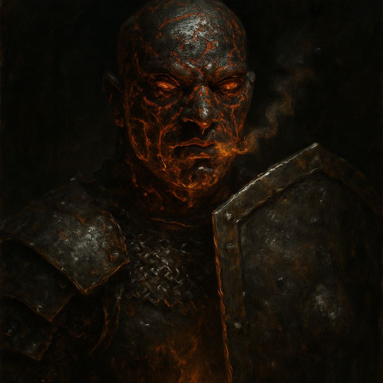 Painted portrait: an Emberborn Sentinel, molten seams glowing through pitted mail