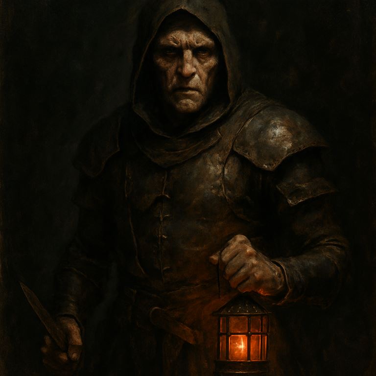 Painted portrait: a Lampbearer Skirmisher in worn dark leather