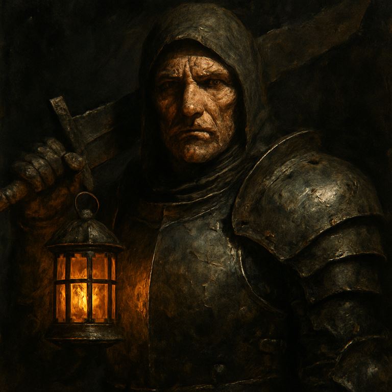 Painted portrait: a Lampbearer Warrior in battered iron plate