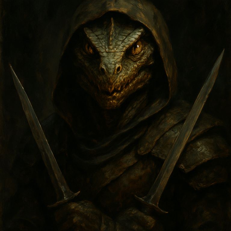 Painted portrait: a hooded Saurian Skirmisher with a blade in each hand