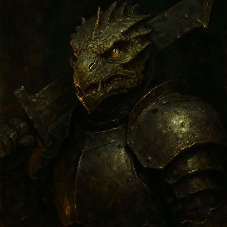 Painted portrait: a Saurian Warrior with ridged crest and notched blade