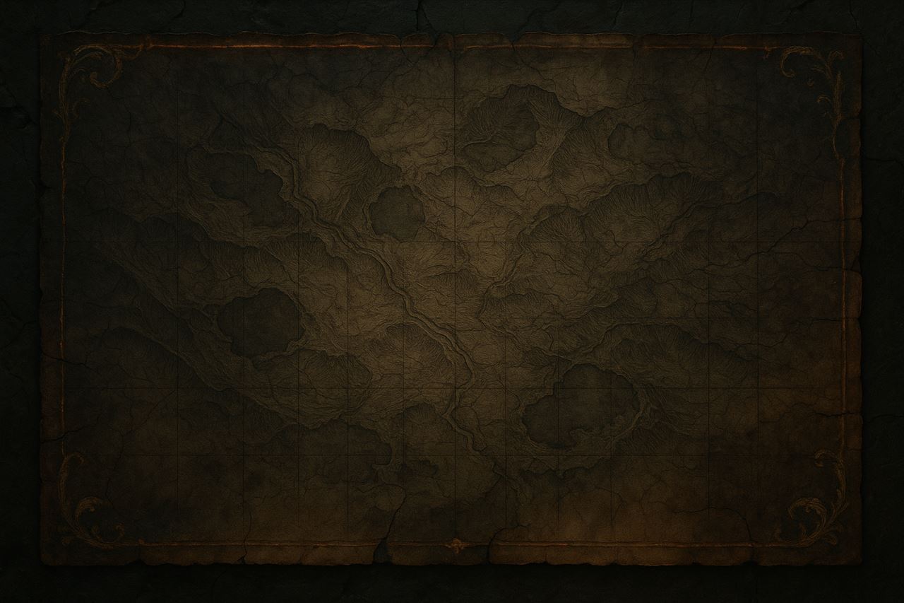 A hand-inked parchment map of the sunless underworld, fused over carved basalt — cavern coastlines and lava channels tracing the borders